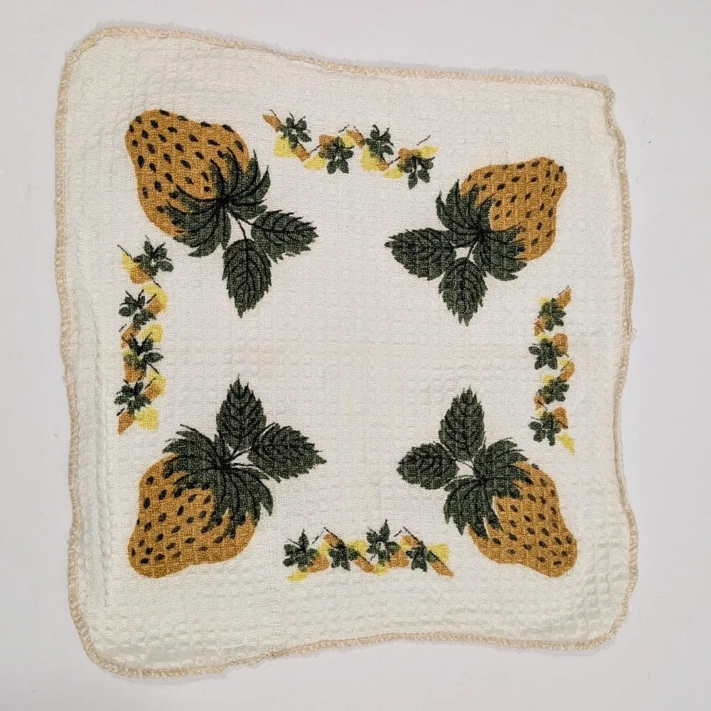 Vintage Waffle Weave Strawberry Dish Rag Yellow Green Floral Kitchen Cloth